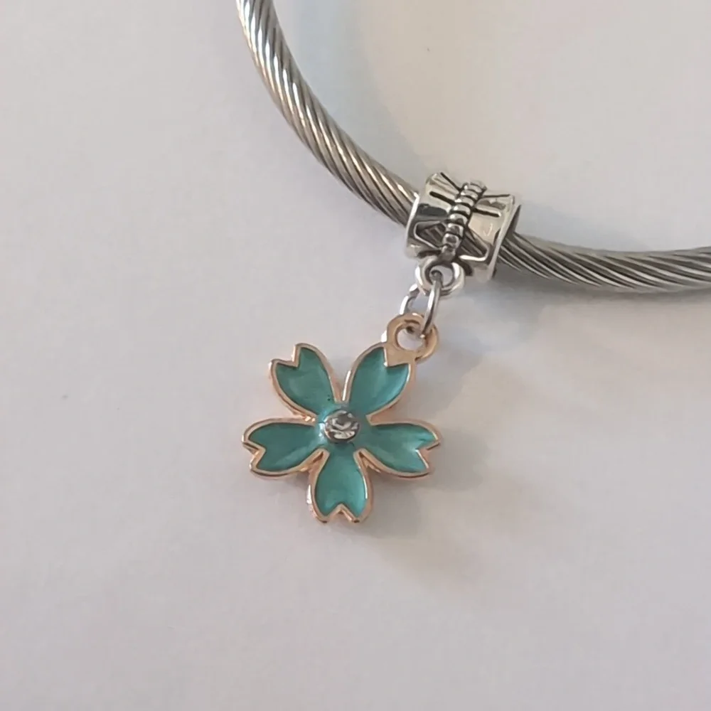 Gold‎ with Blue Enamel Flower Dangle Charm for Pandora Style Bracelet